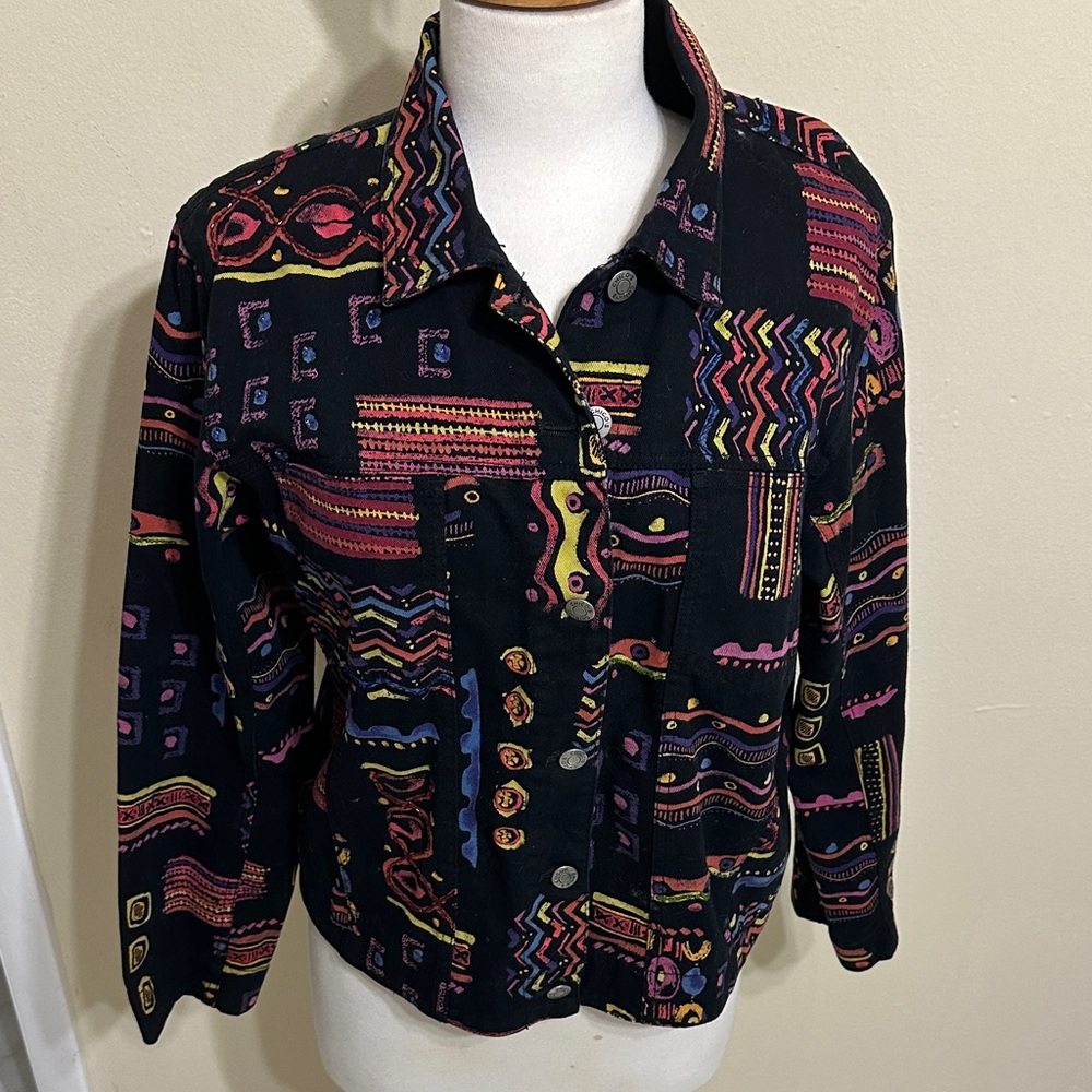 Chico's Black Multicolor Patterned Jean Jacket - image 1